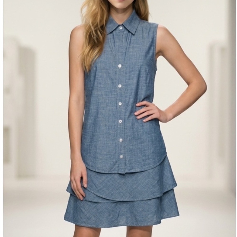 Finley Blue Cotton Chambray Tiered Ruffle Sleeveless Button Front Dress M f5